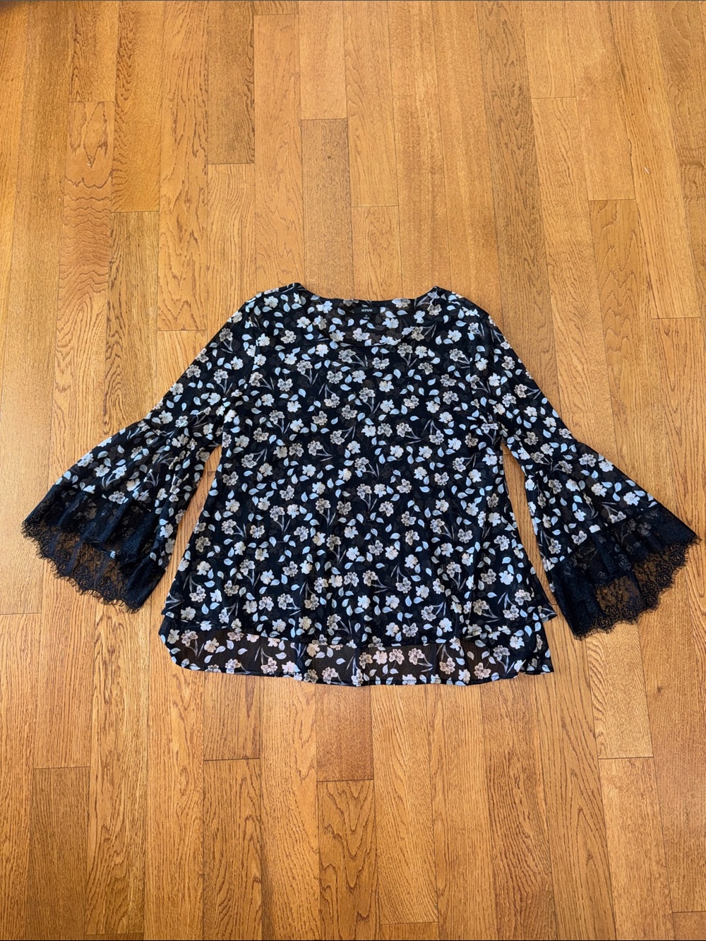 Alfani Black Floral Bell-Sleeve Blouse with Lace Trim